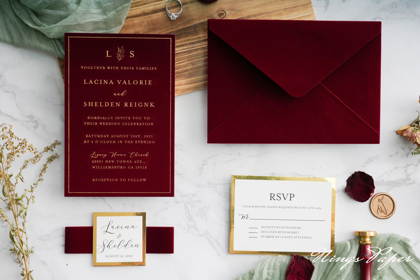 NingsPaper Burgundy Gold Foil Print Velvet Wedding Invitation Cards with Envelopes