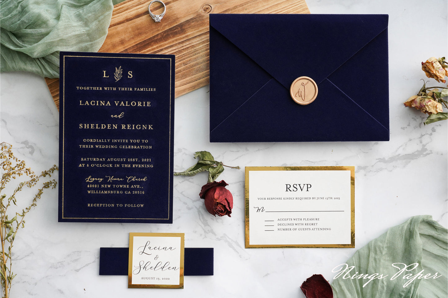 NingsPaper Navy Blue Gold Foil Print Velvet Wedding Invitation Cards with Envelopes