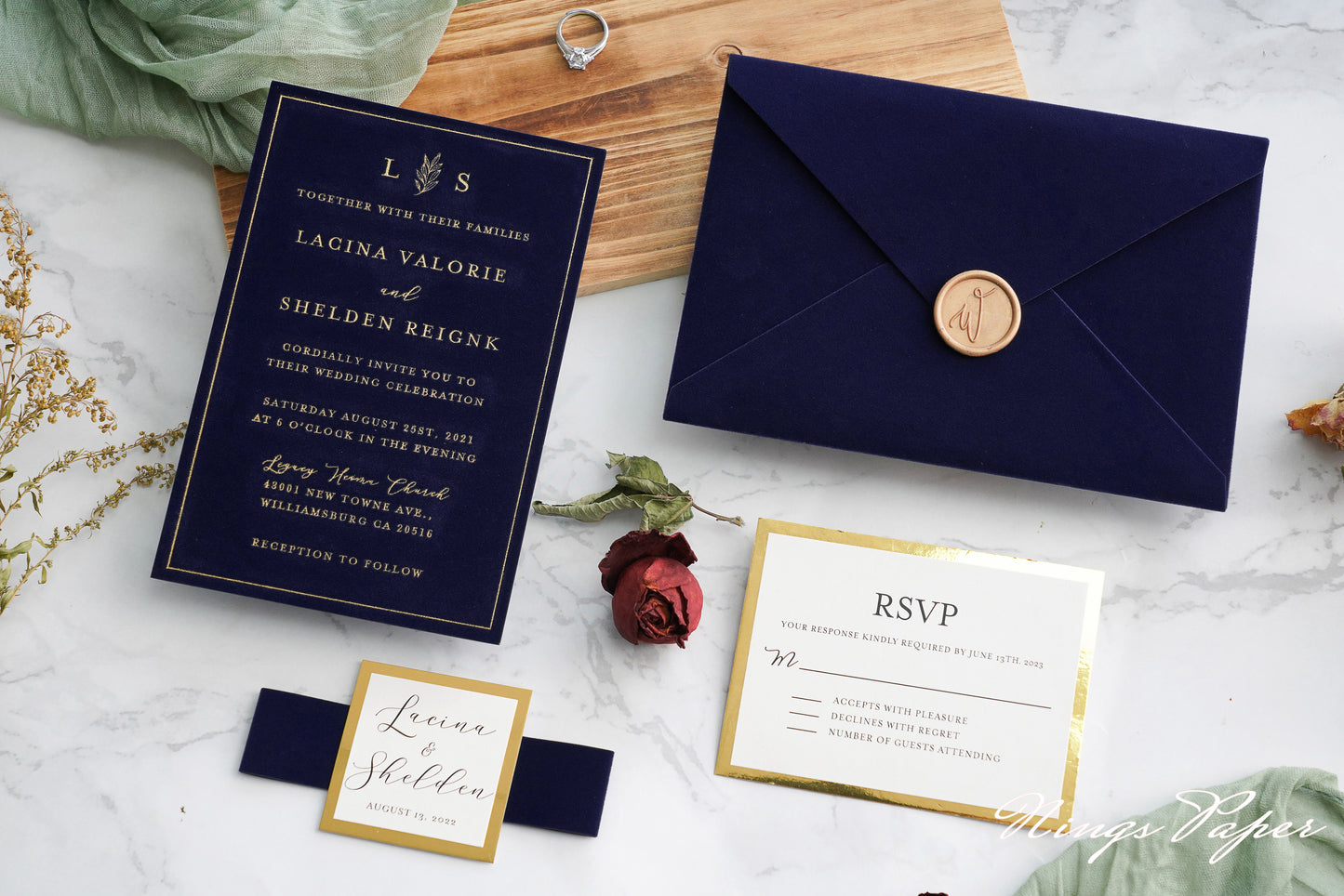 NingsPaper Navy Blue Gold Foil Print Velvet Wedding Invitation Cards with Envelopes