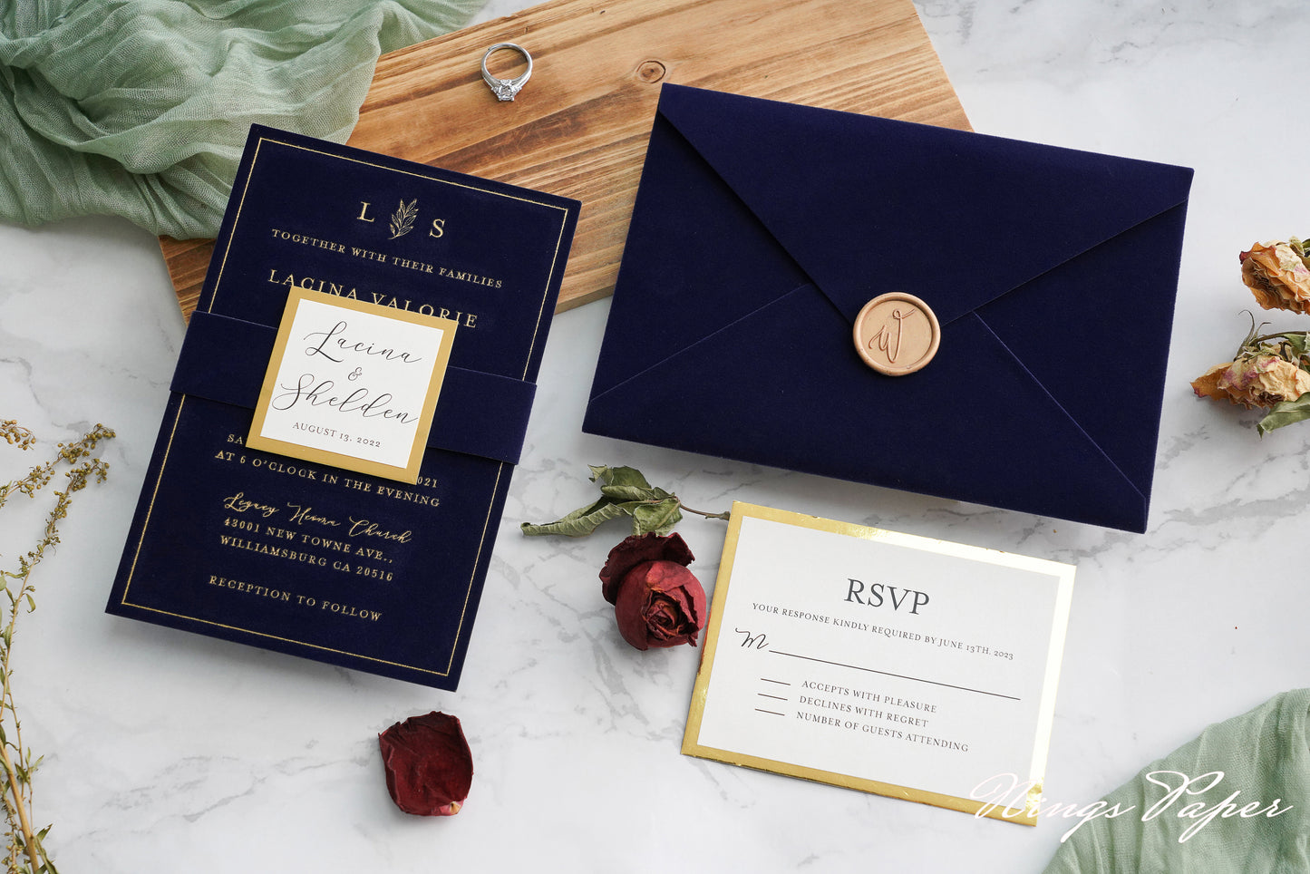 NingsPaper Navy Blue Gold Foil Print Velvet Wedding Invitation Cards with Envelopes