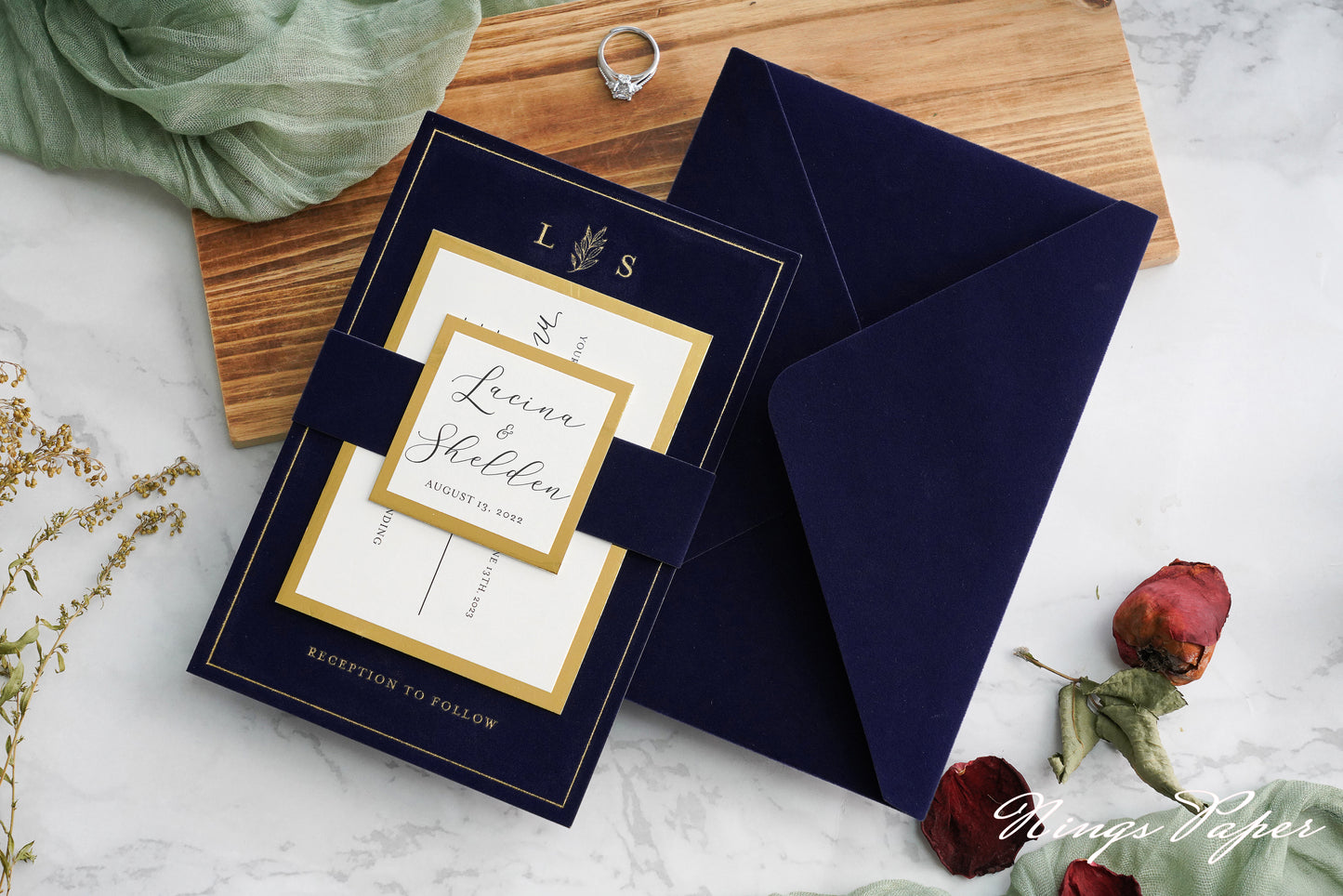 NingsPaper Navy Blue Gold Foil Print Velvet Wedding Invitation Cards with Envelopes