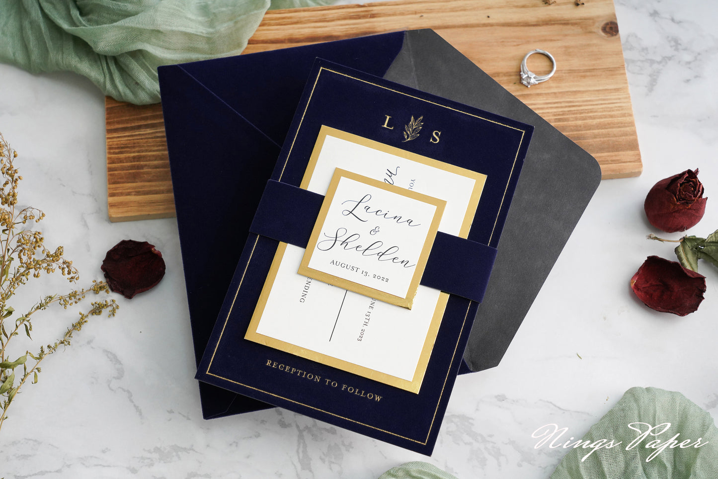 NingsPaper Navy Blue Gold Foil Print Velvet Wedding Invitation Cards with Envelopes