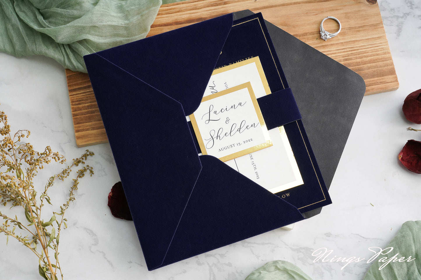 NingsPaper Navy Blue Gold Foil Print Velvet Wedding Invitation Cards with Envelopes