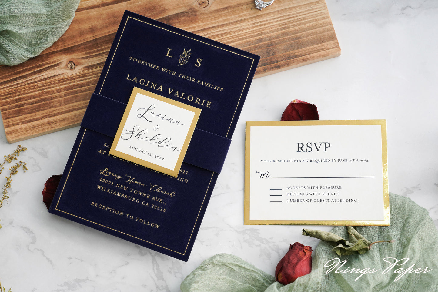 NingsPaper Navy Blue Gold Foil Print Velvet Wedding Invitation Cards with Envelopes