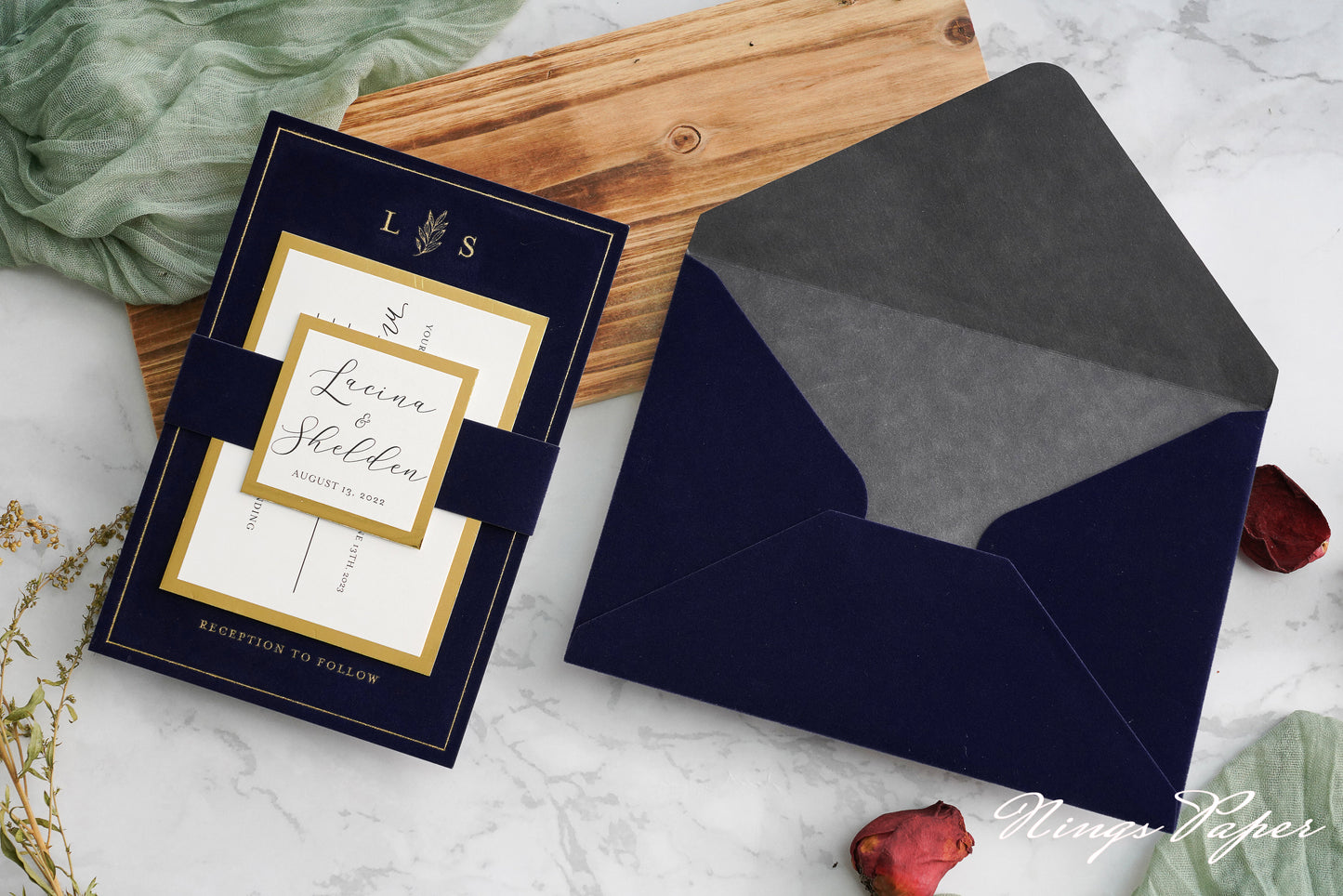 NingsPaper Navy Blue Gold Foil Print Velvet Wedding Invitation Cards with Envelopes