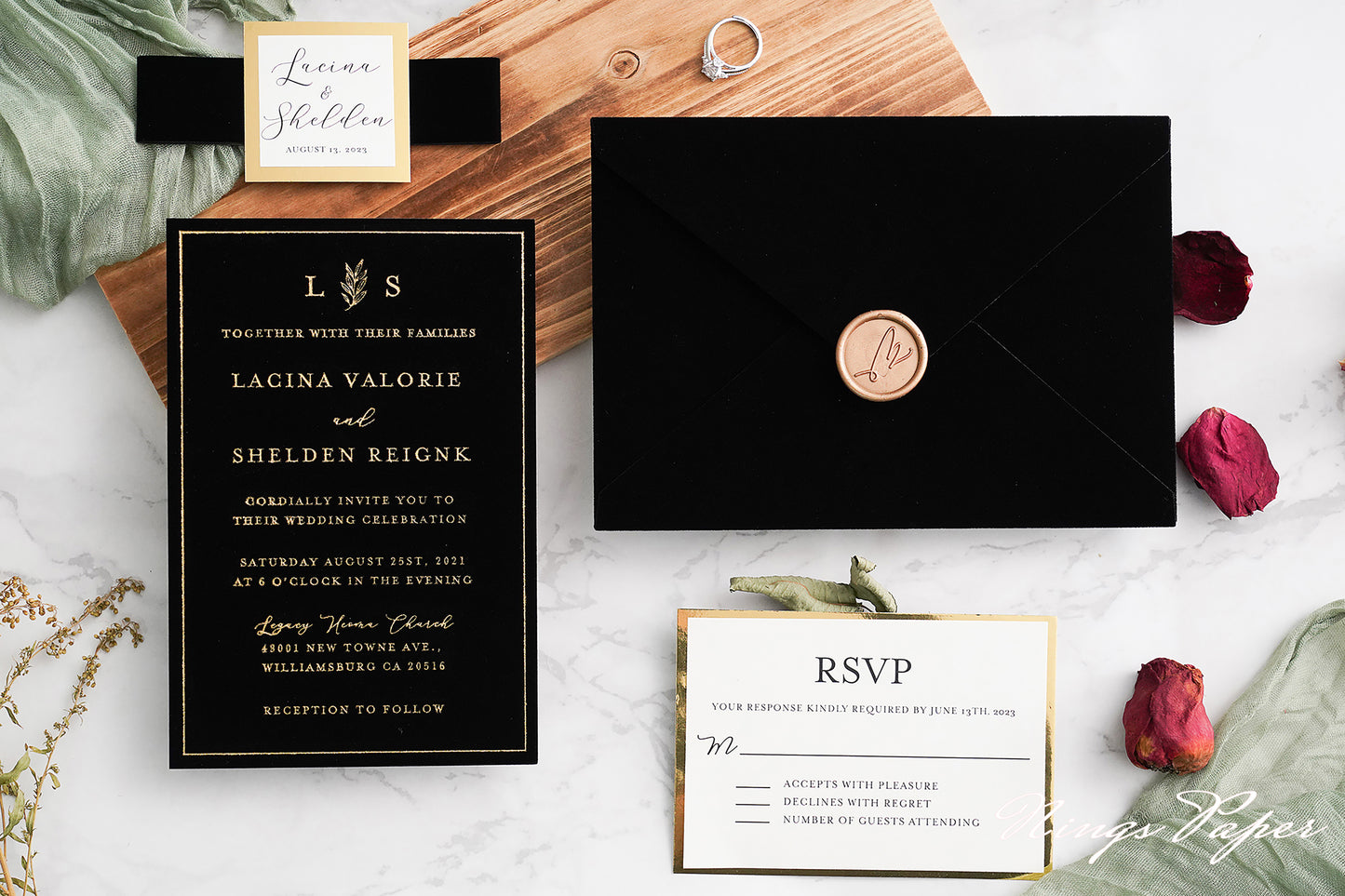 NingsPaper Black Gold Foil Print Velvet Wedding Invitation Cards with Envelopes