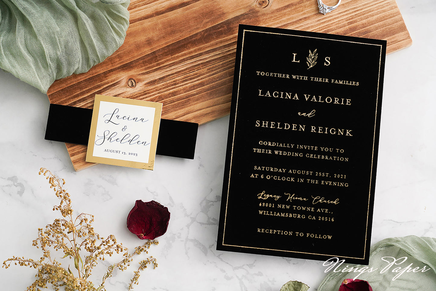 NingsPaper Black Gold Foil Print Velvet Wedding Invitation Cards with Envelopes