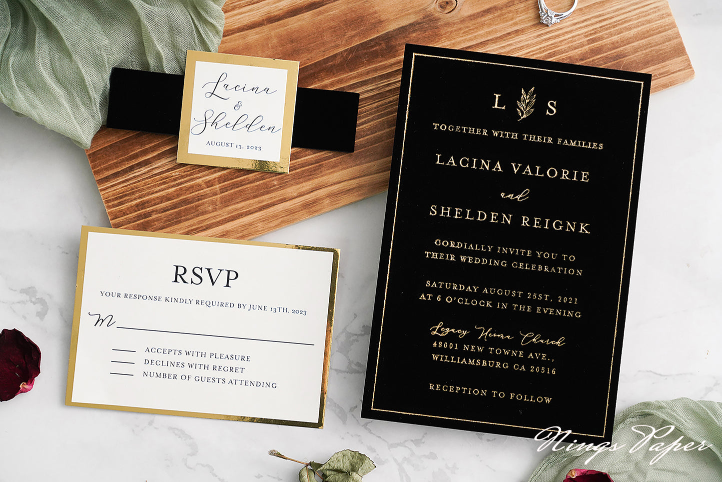 NingsPaper Black Gold Foil Print Velvet Wedding Invitation Cards with Envelopes