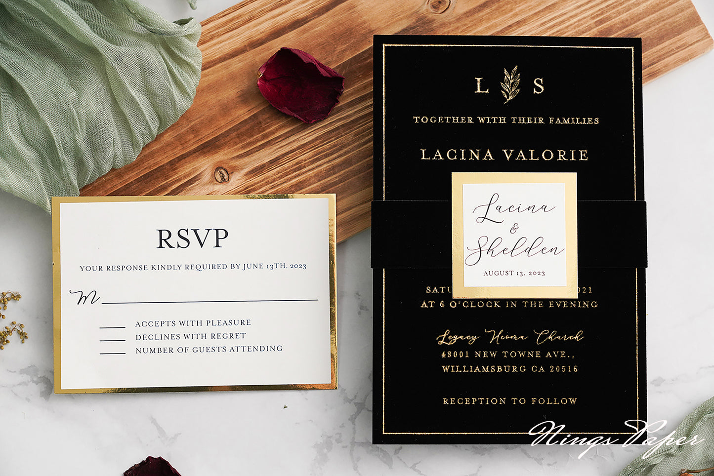 NingsPaper Black Gold Foil Print Velvet Wedding Invitation Cards with Envelopes