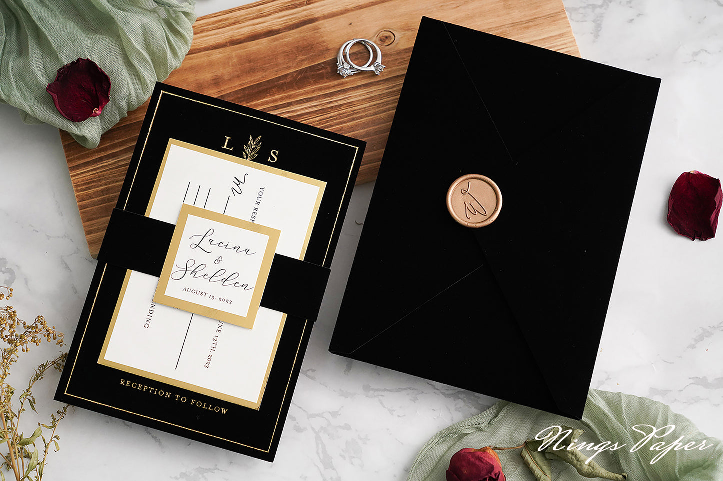 NingsPaper Black Gold Foil Print Velvet Wedding Invitation Cards with Envelopes