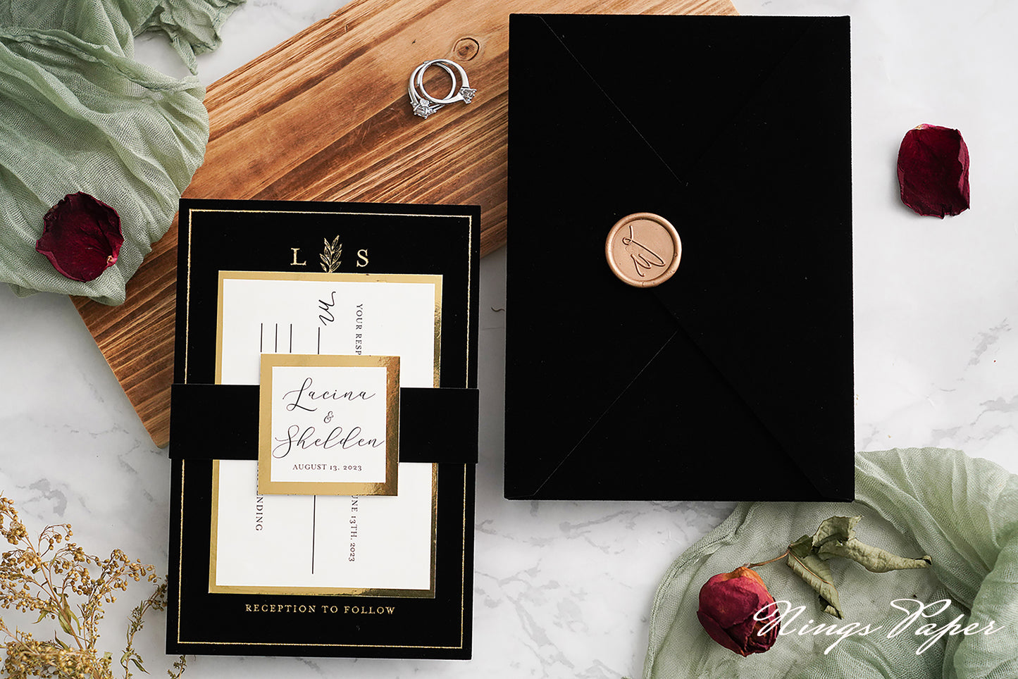 NingsPaper Black Gold Foil Print Velvet Wedding Invitation Cards with Envelopes