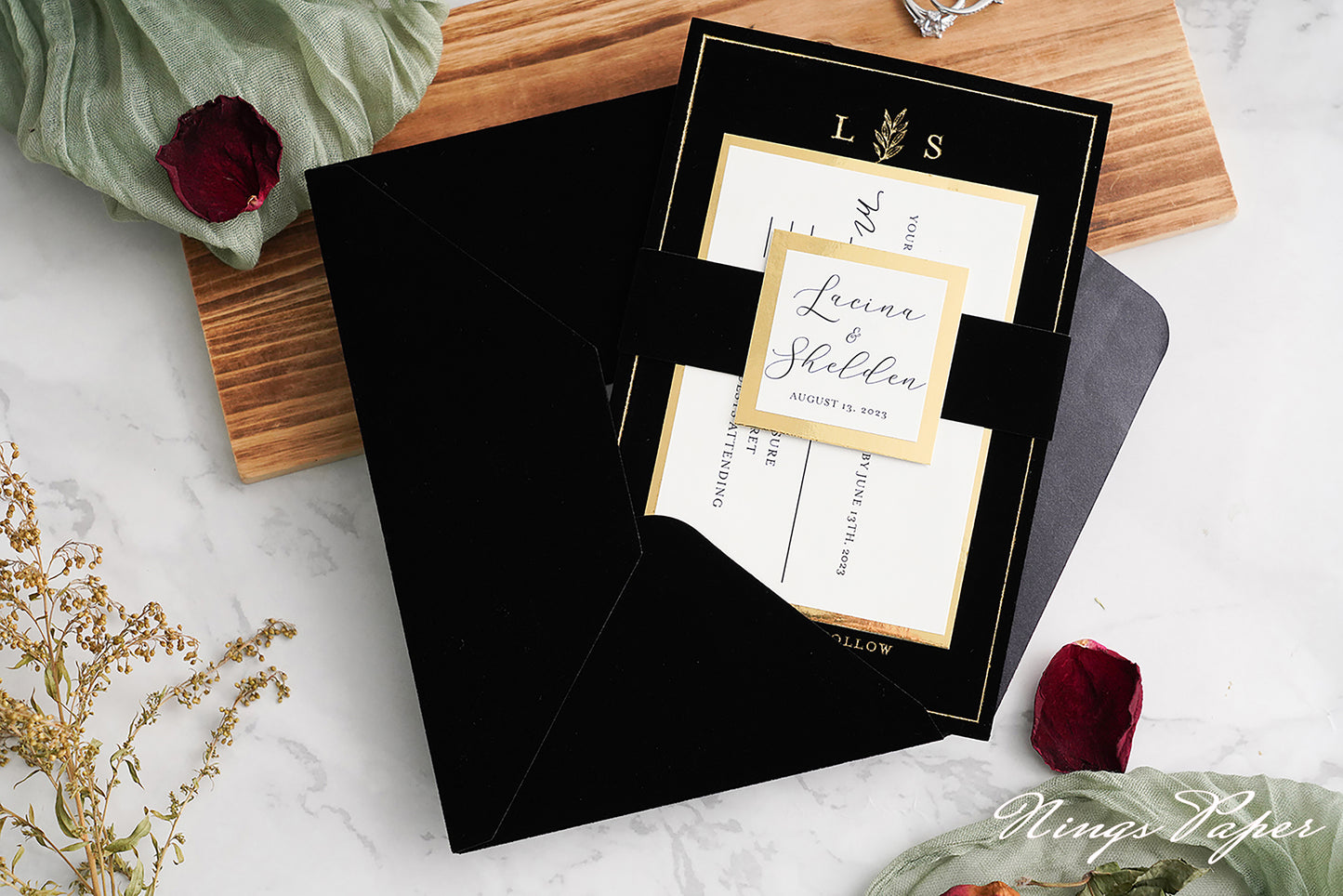 NingsPaper Black Gold Foil Print Velvet Wedding Invitation Cards with Envelopes