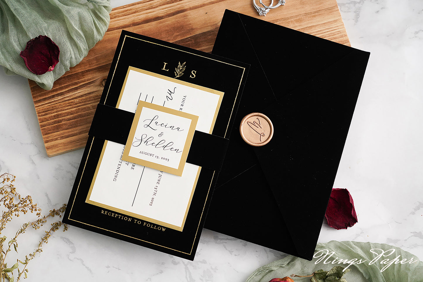 NingsPaper Black Gold Foil Print Velvet Wedding Invitation Cards with Envelopes