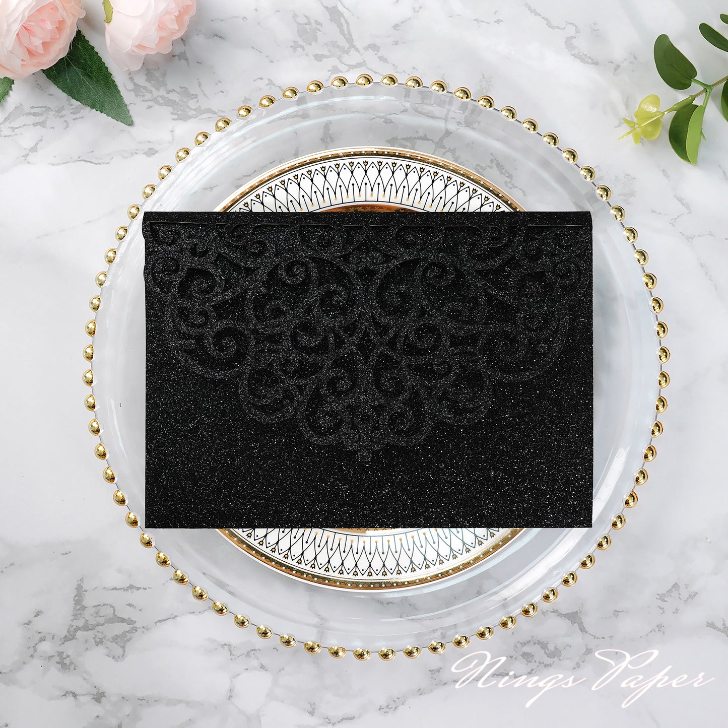 NingsPaper Black Glitter Triple Folded Laser Cut Wedding Invitation Pocket