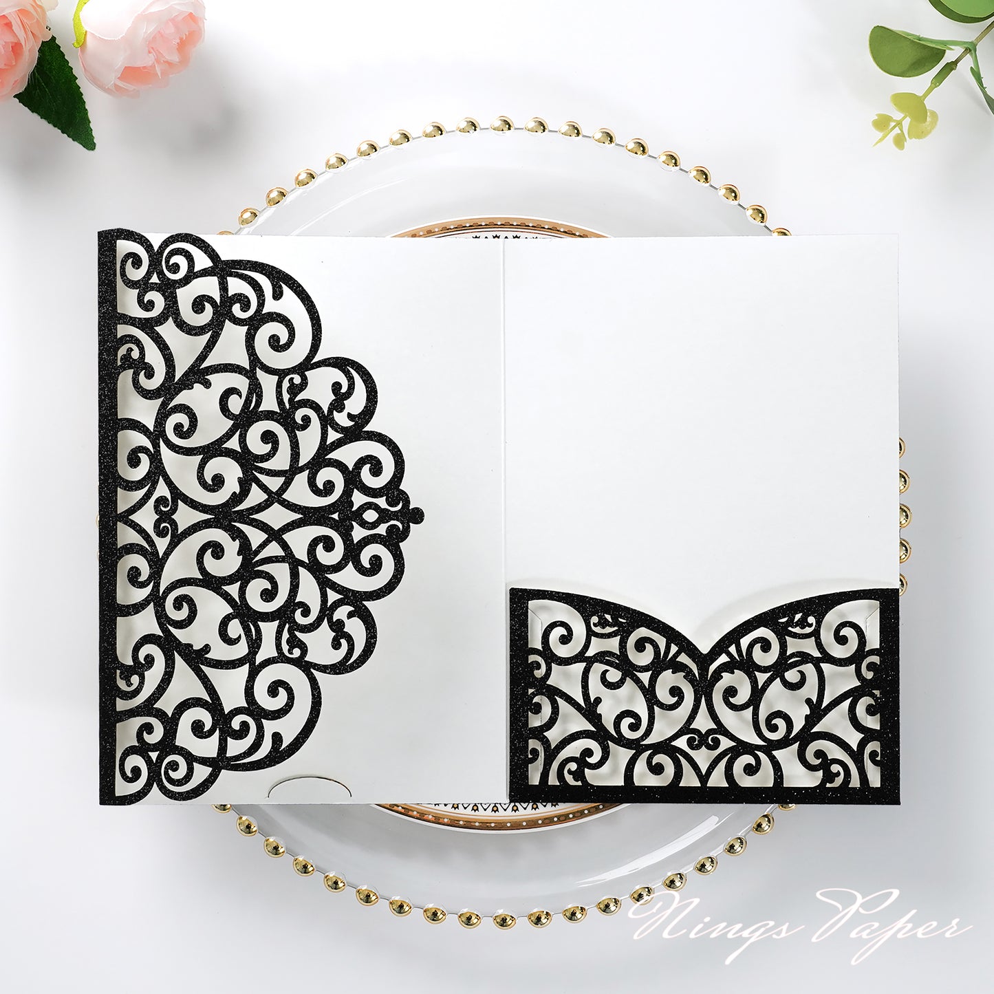 NingsPaper Black Glitter Triple Folded Laser Cut Wedding Invitation Pocket