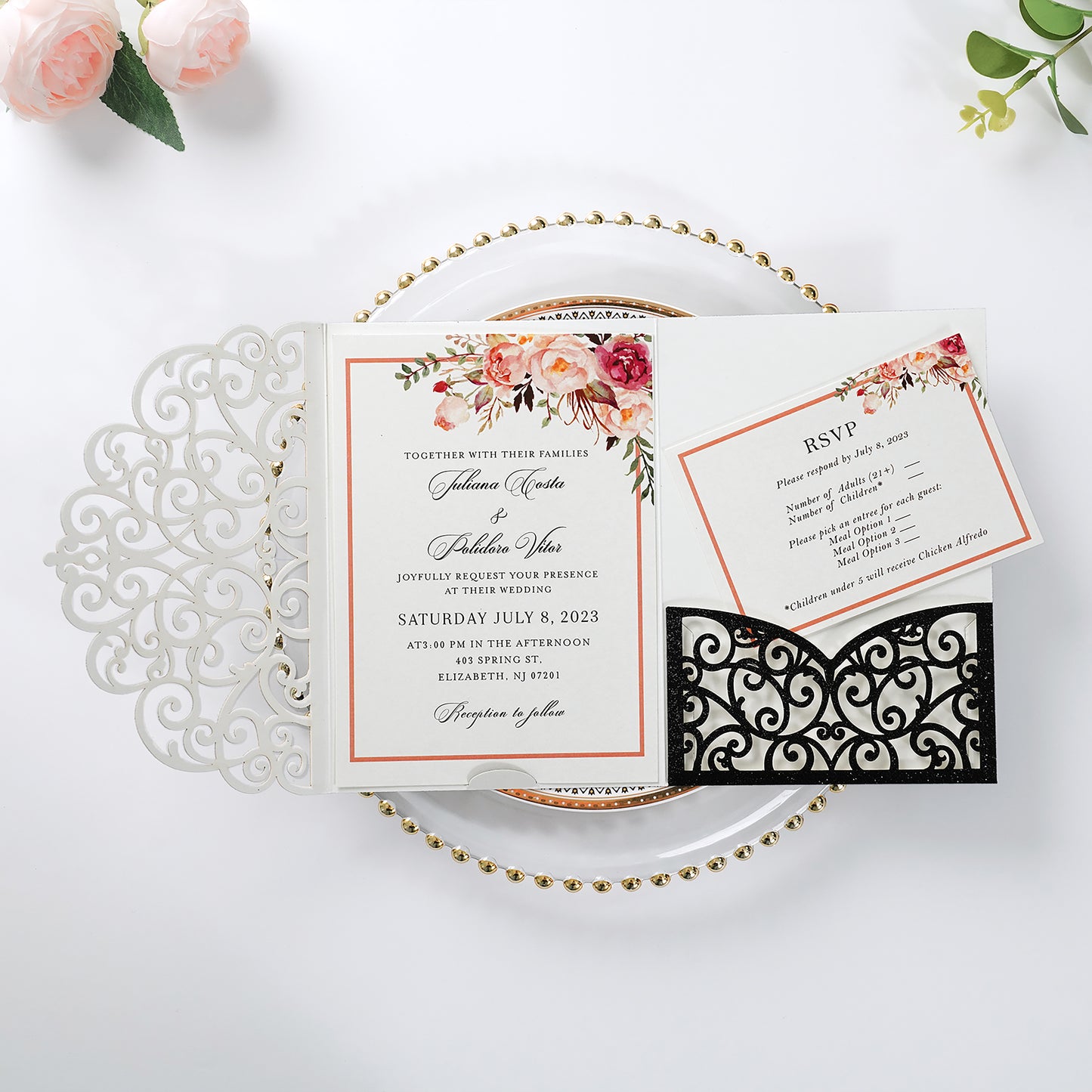 NingsPaper Black Glitter Triple Folded Laser Cut Wedding Invitation Pocket