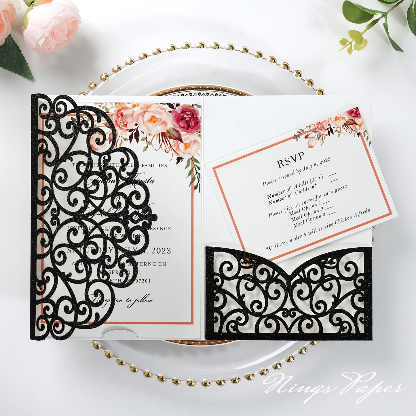 NingsPaper Black Glitter Triple Folded Laser Cut Wedding Invitation Pocket