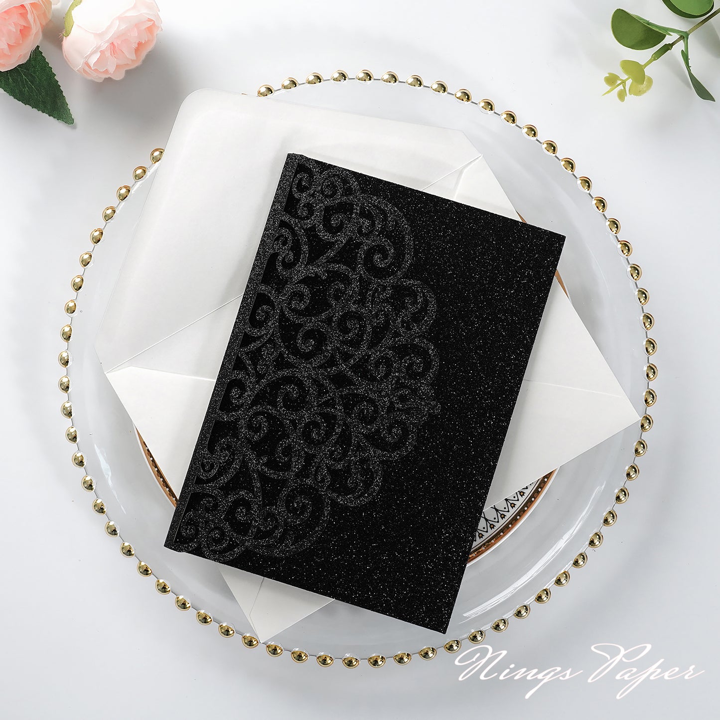 NingsPaper Black Glitter Triple Folded Laser Cut Wedding Invitation Pocket