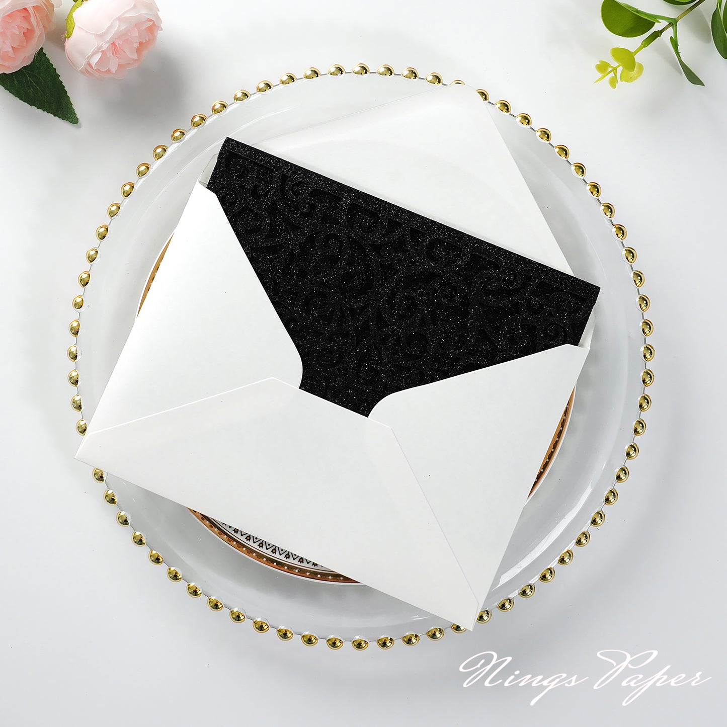 NingsPaper Black Glitter Triple Folded Laser Cut Wedding Invitation Pocket