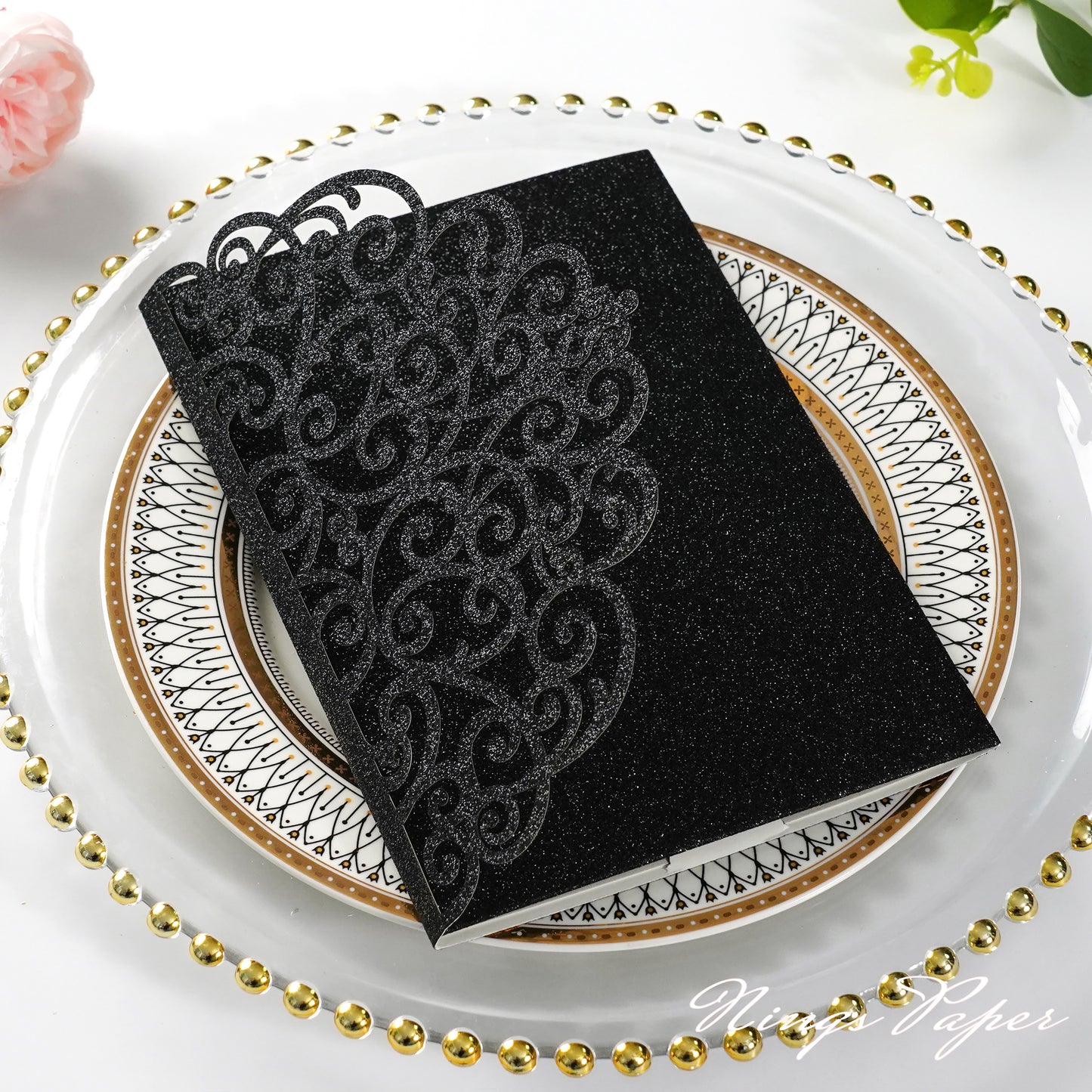 NingsPaper Black Glitter Triple Folded Laser Cut Wedding Invitation Pocket