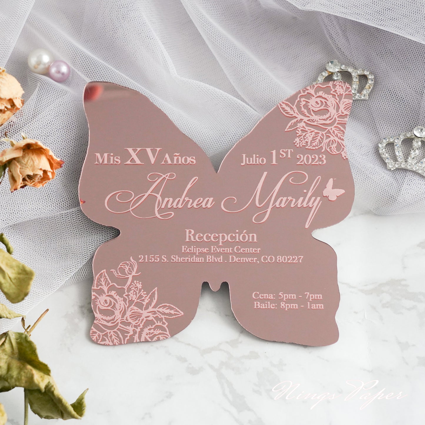 XV Años Invitations, Rose Gold Butterfly Mirror Quinceañera Invitation Cards with Envelope-2mm/0.7"