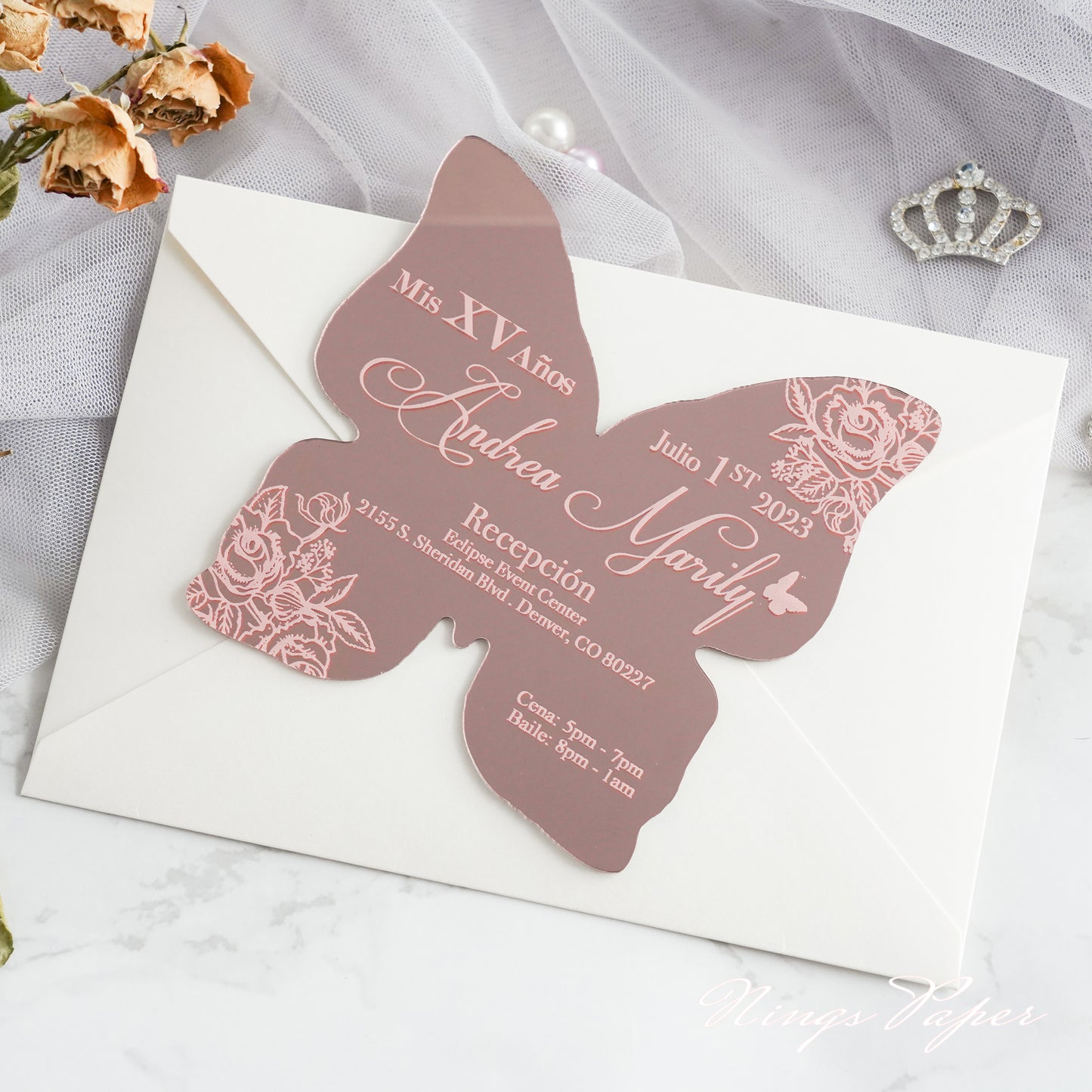 XV Años Invitations, Rose Gold Butterfly Mirror Quinceañera Invitation Cards with Envelope-2mm/0.7"