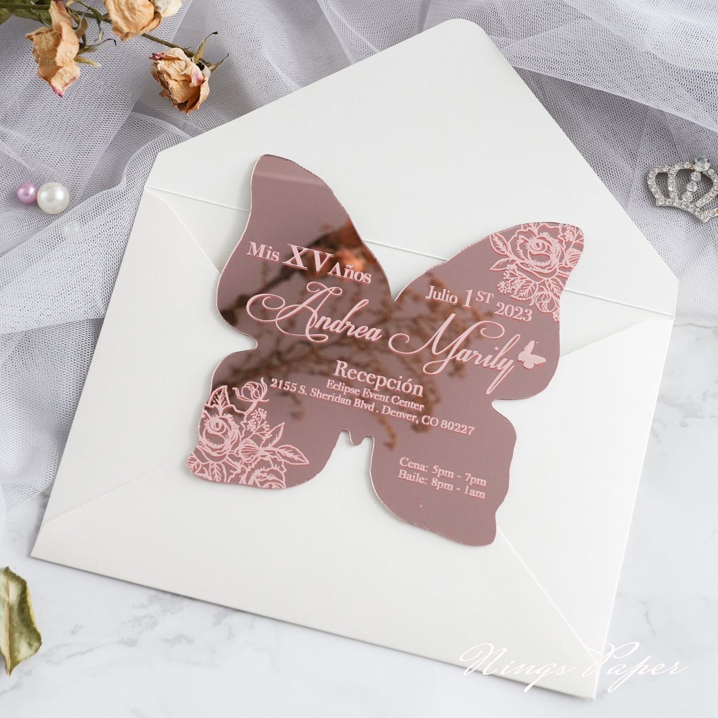 XV Años Invitations, Rose Gold Butterfly Mirror Quinceañera Invitation Cards with Envelope-2mm/0.7"