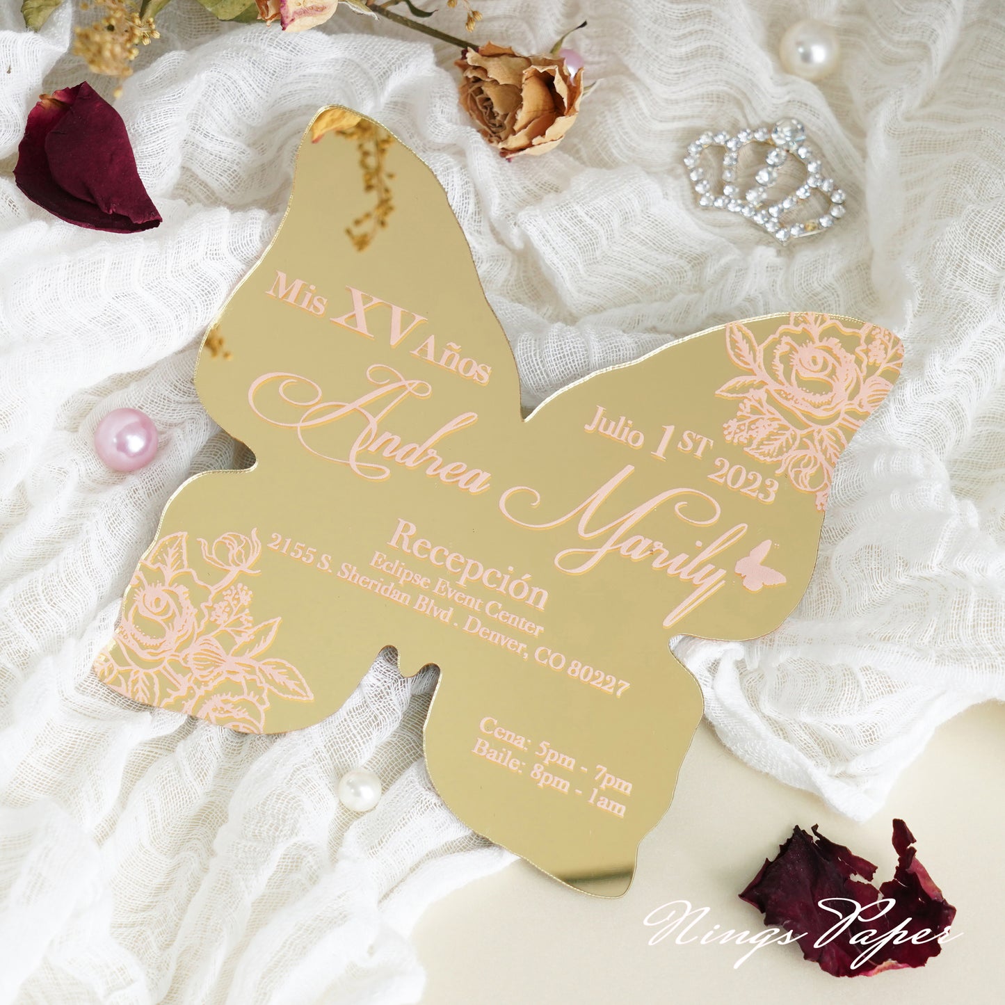 XV Años Invitations, Gold Butterfly Mirror Quinceañera Invitation Cards with Envelope-2mm/0.7"