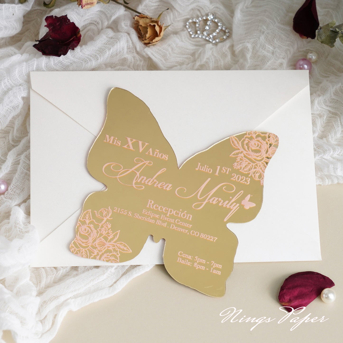 XV Años Invitations, Gold Butterfly Mirror Quinceañera Invitation Cards with Envelope-2mm/0.7"