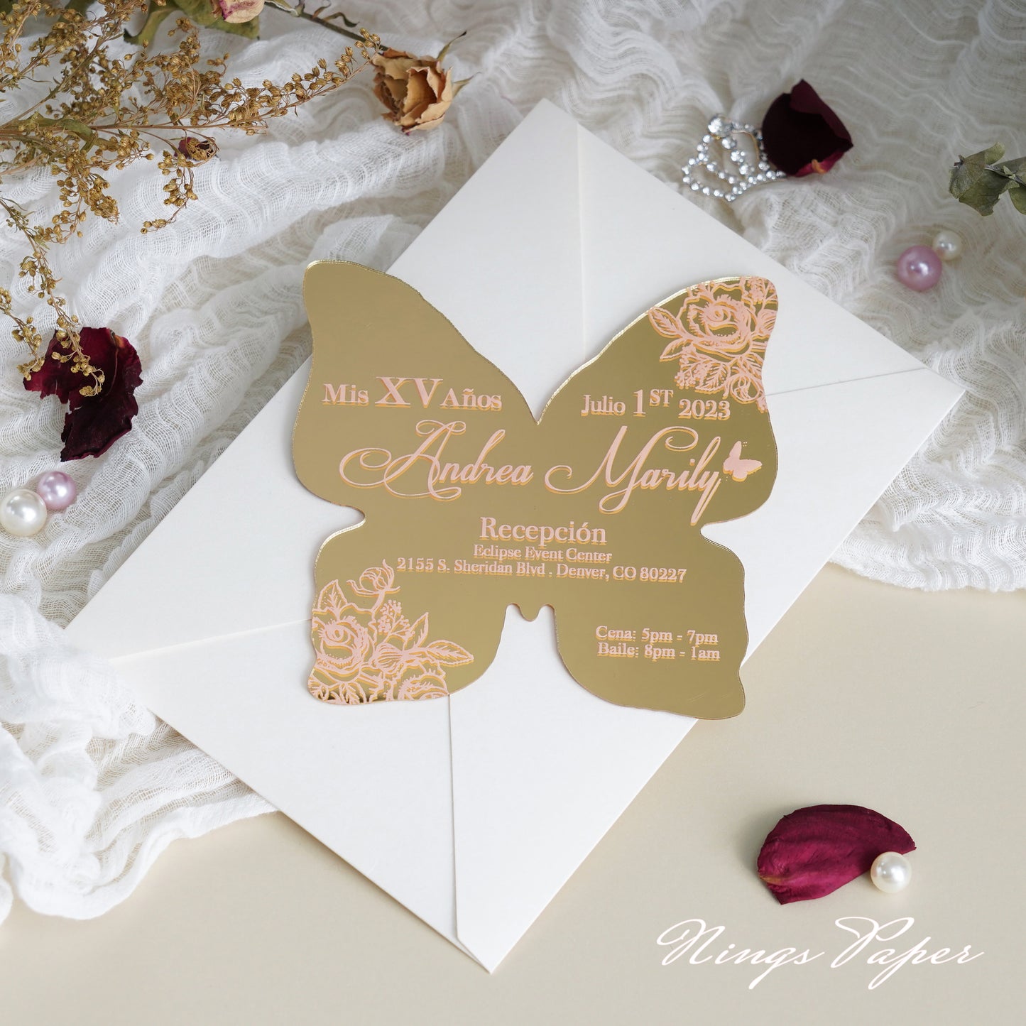 XV Años Invitations, Gold Butterfly Mirror Quinceañera Invitation Cards with Envelope-2mm/0.7"