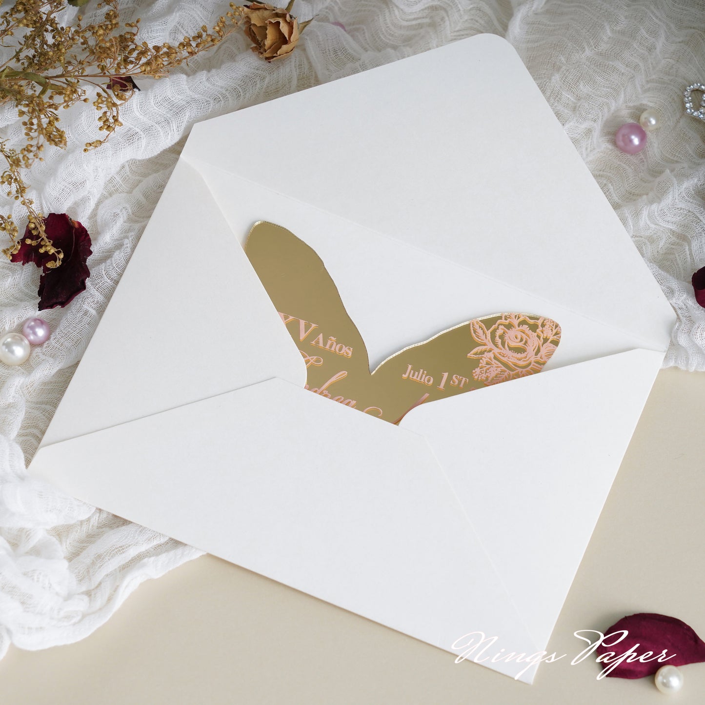 XV Años Invitations, Gold Butterfly Mirror Quinceañera Invitation Cards with Envelope-2mm/0.7"