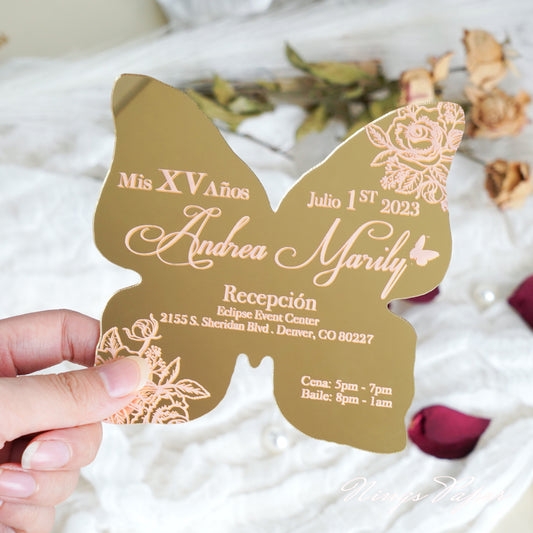 XV Años Invitations, Gold Butterfly Mirror Quinceañera Invitation Cards with Envelope-2mm/0.7"