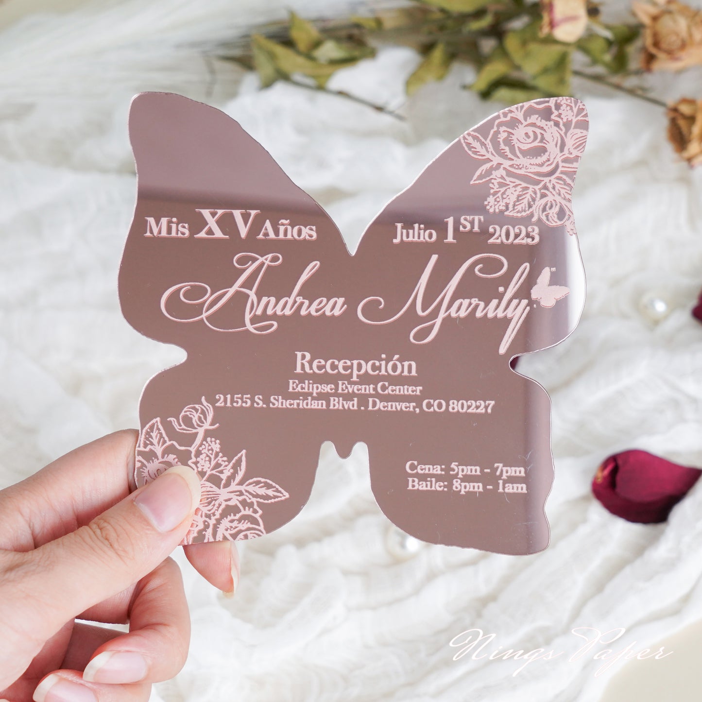 XV Años Invitations, Rose Gold Butterfly Mirror Quinceañera Invitation Cards with Envelope-2mm/0.7"