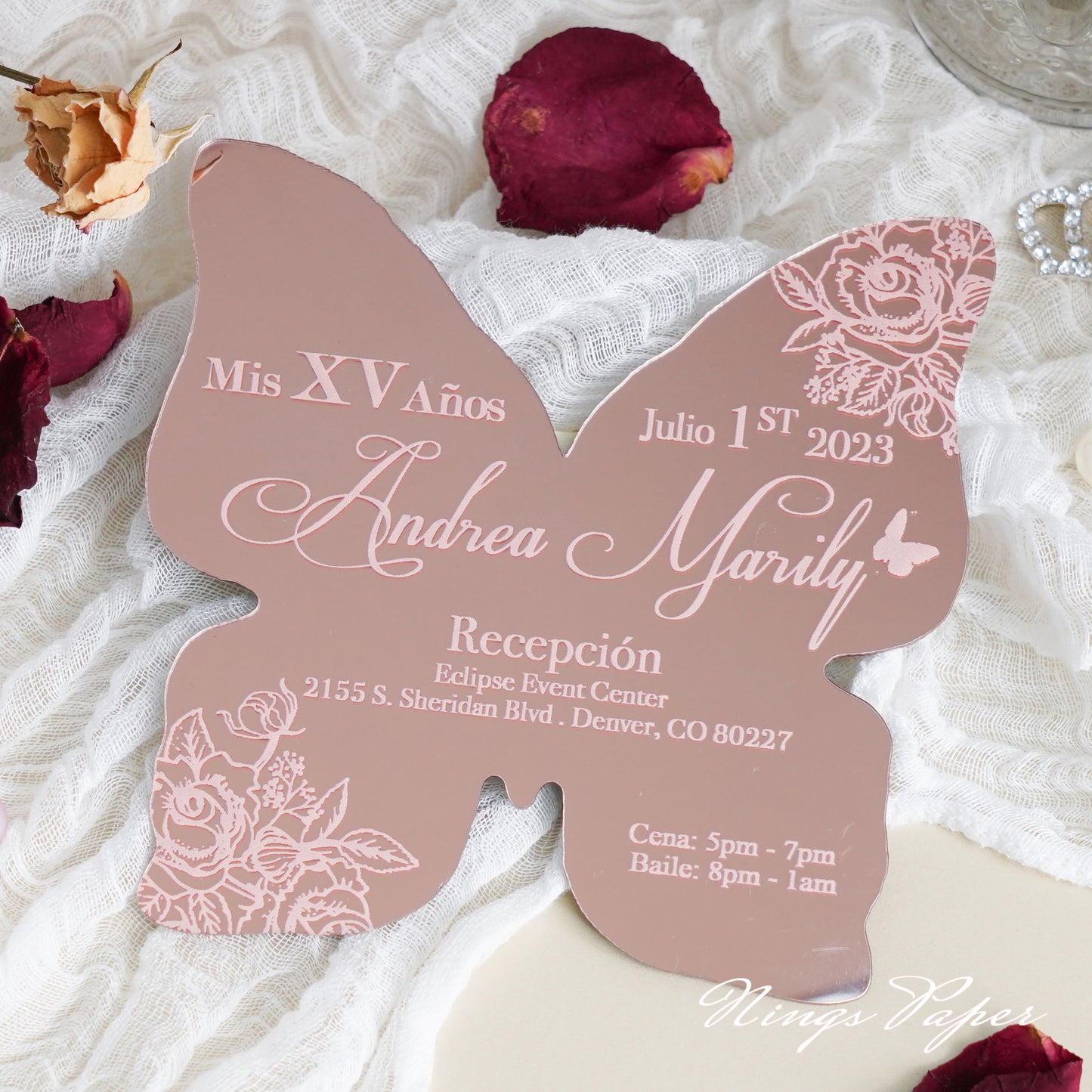 XV Años Invitations, Rose Gold Butterfly Mirror Quinceañera Invitation Cards with Envelope-2mm/0.7"