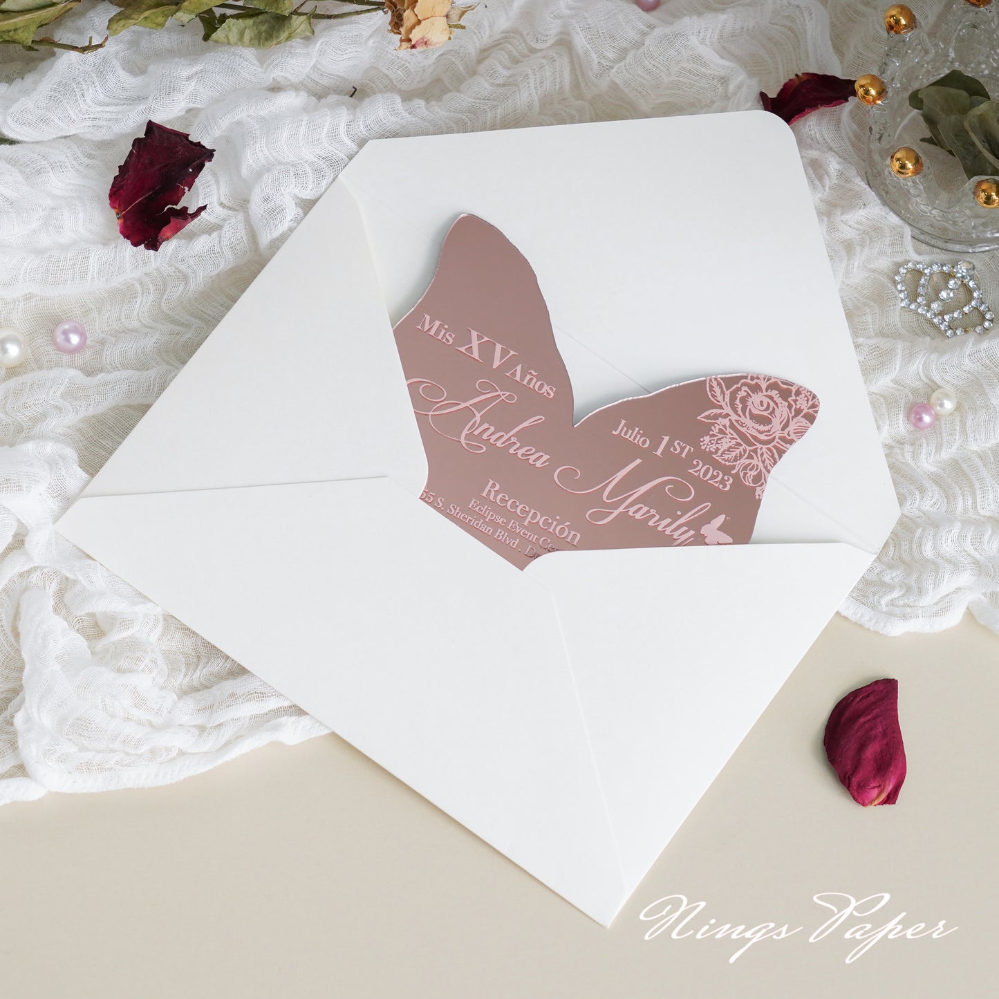 XV Años Invitations, Rose Gold Butterfly Mirror Quinceañera Invitation Cards with Envelope-2mm/0.7"