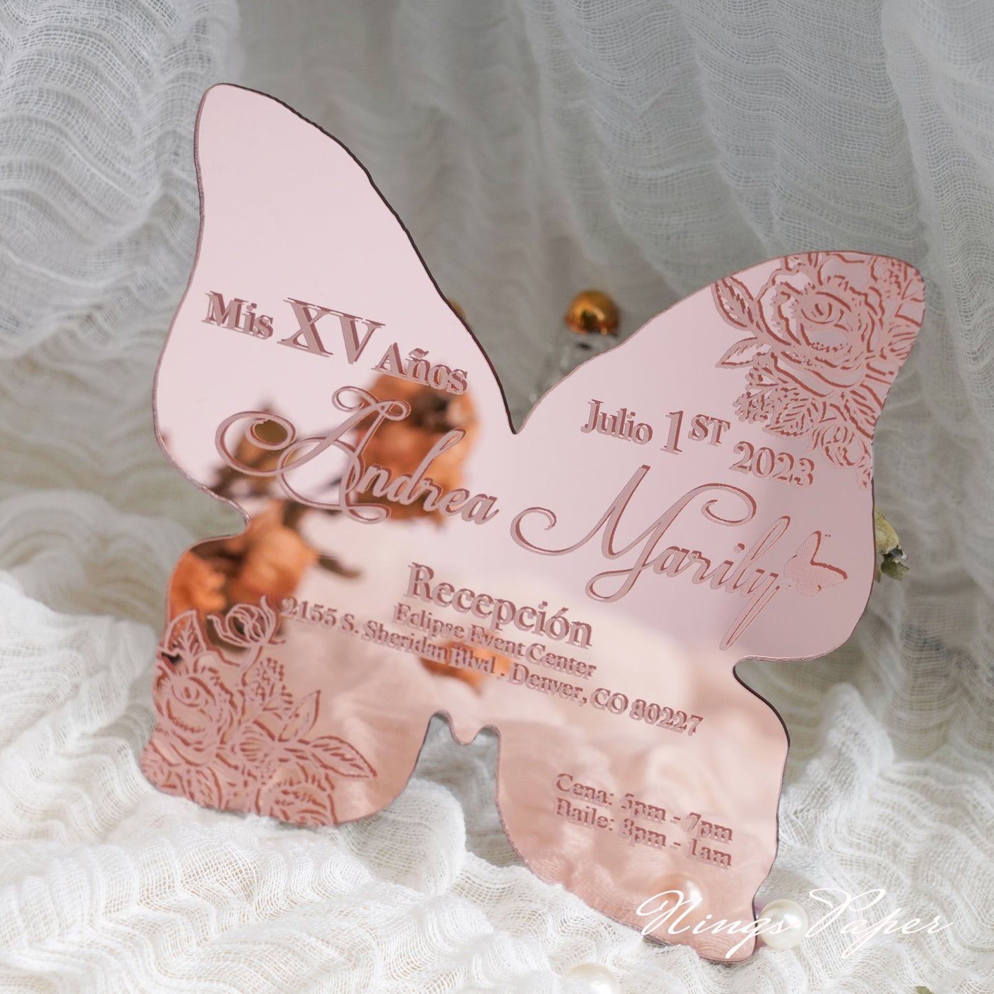 XV Años Invitations, Rose Gold Butterfly Mirror Quinceañera Invitation Cards with Envelope-2mm/0.7"