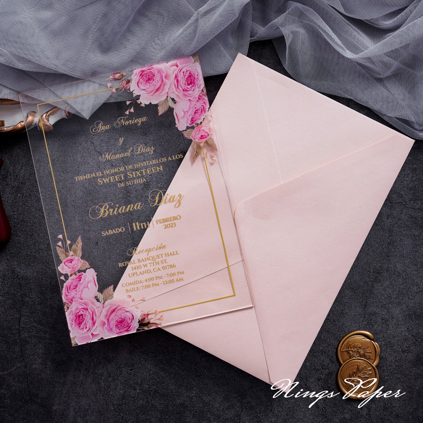 1mm/0.04" Pink Clear Acrylic Quinceanera Invitation Cards with Envelopes