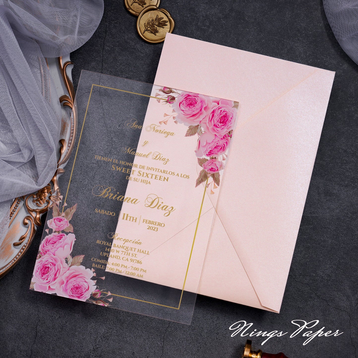 1mm/0.04" Pink Clear Acrylic Quinceanera Invitation Cards with Envelopes