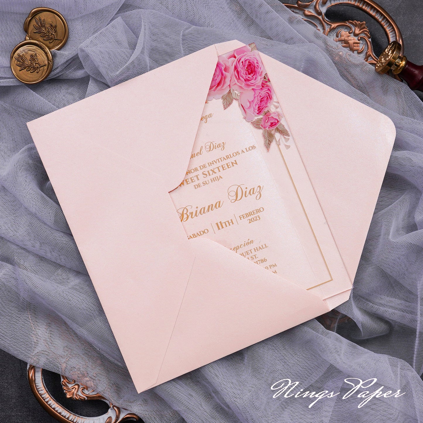 1mm/0.04" Pink Clear Acrylic Quinceanera Invitation Cards with Envelopes