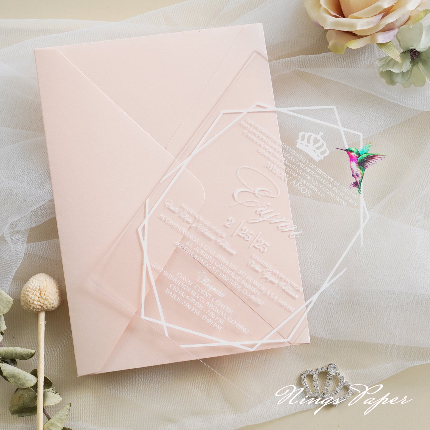 1mm/0.04" Clear Acrylic Quinceanera Invitation Cards with Envelopes