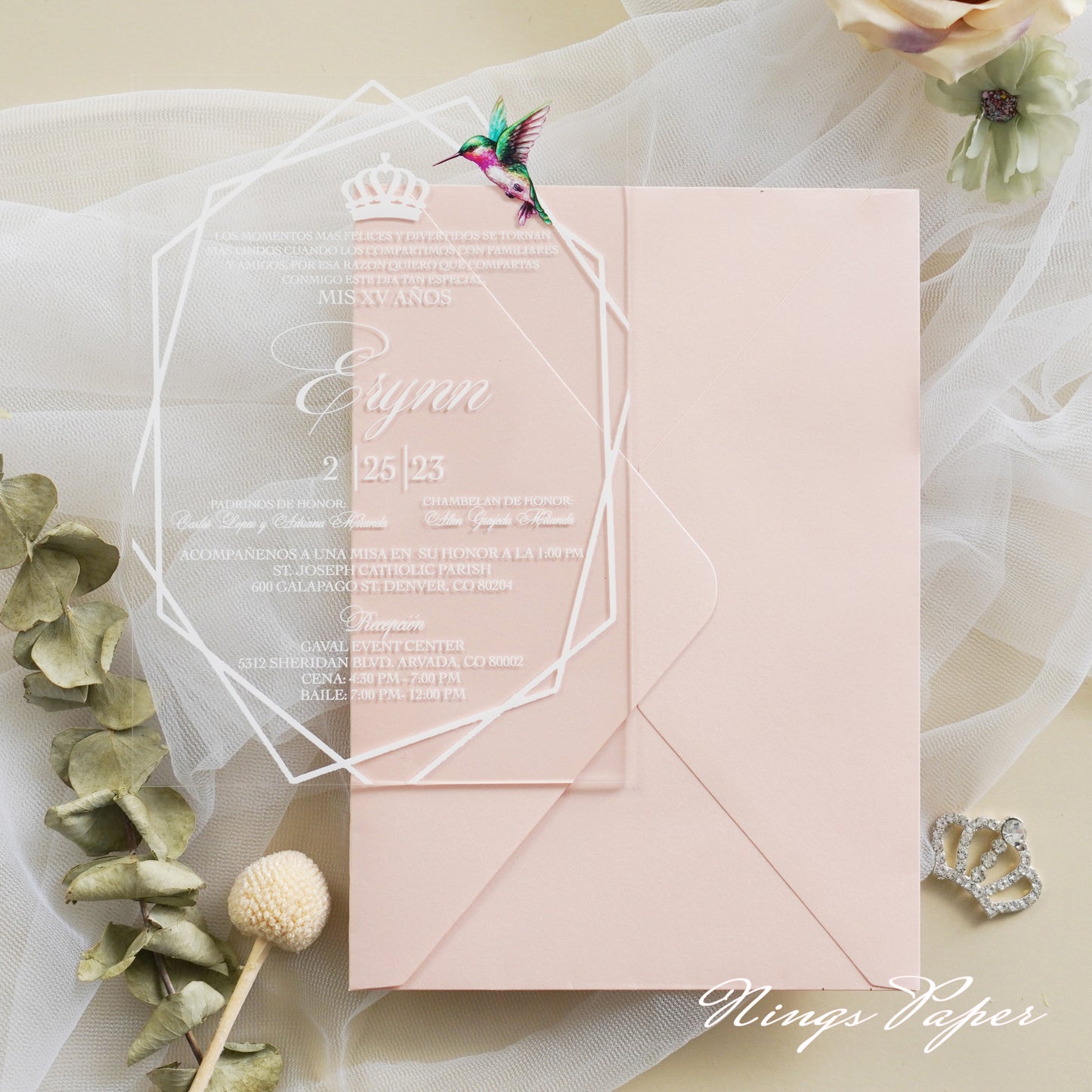 1mm/0.04" Clear Acrylic Quinceanera Invitation Cards with Envelopes