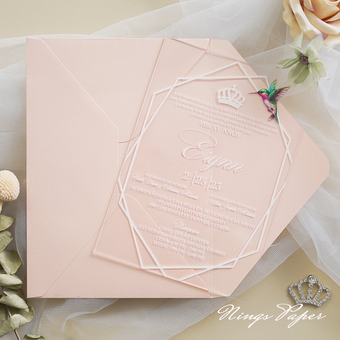 1mm/0.04" Clear Acrylic Quinceanera Invitation Cards with Envelopes