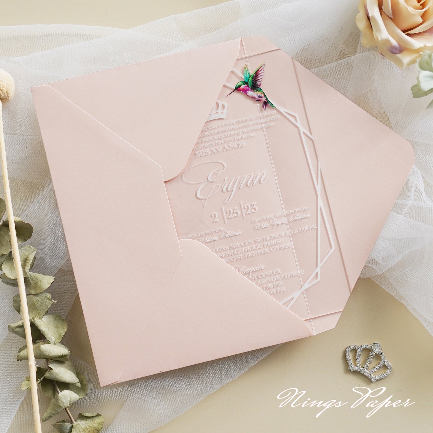 1mm/0.04" Clear Acrylic Quinceanera Invitation Cards with Envelopes