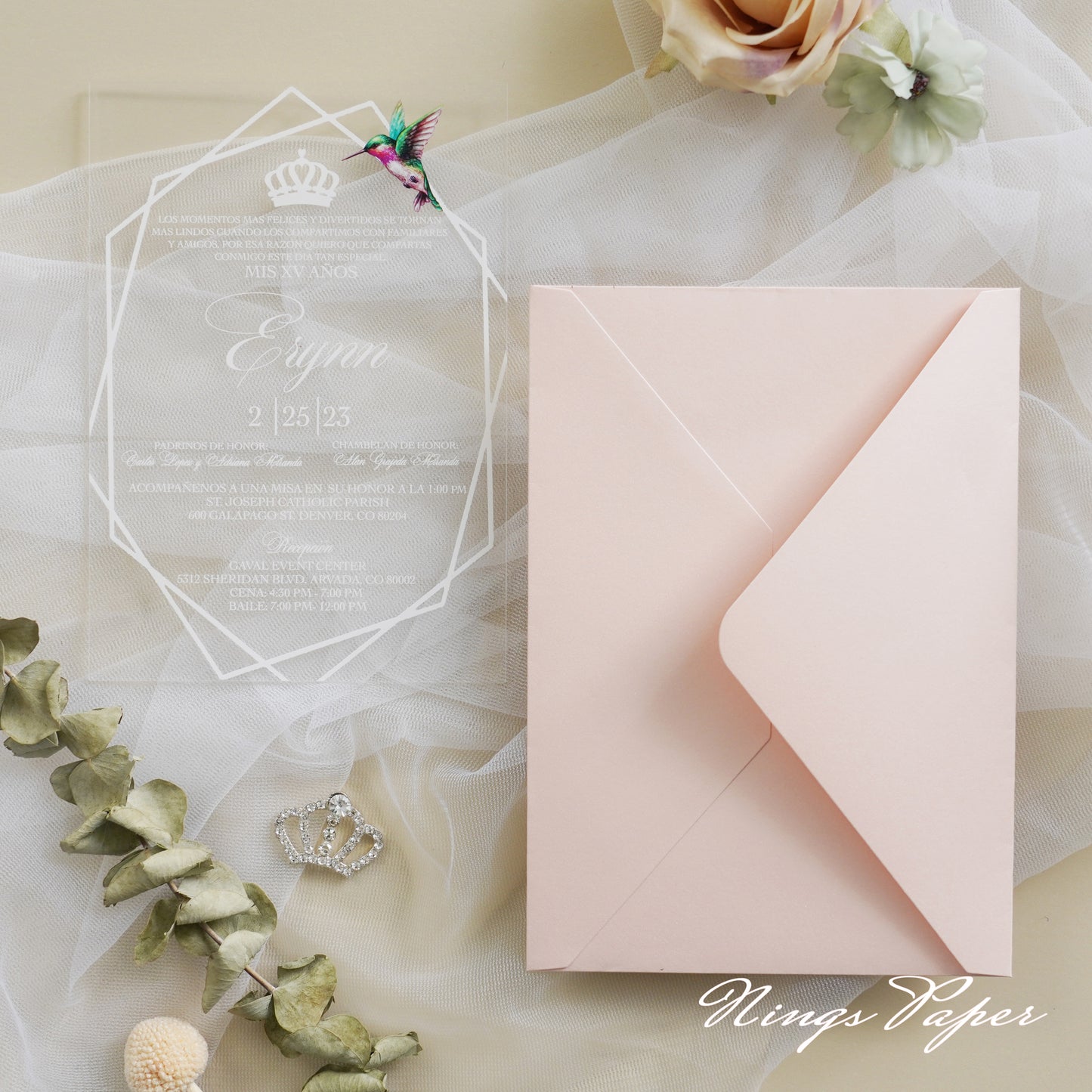 1mm/0.04" Clear Acrylic Quinceanera Invitation Cards with Envelopes