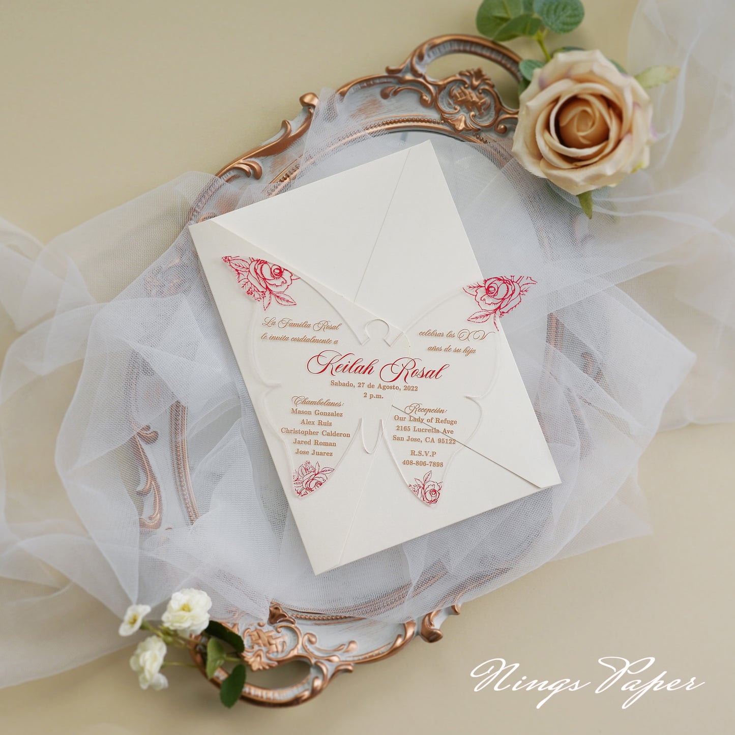 1mm/0.04" Red Butterfly Clear Acrylic Quinceanera Invitation Cards with Envelopes