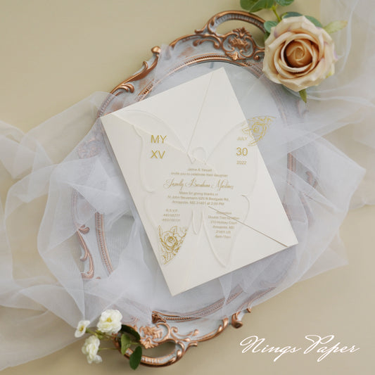 1mm/0.04" Gold Butterfly Clear Acrylic Quinceanera Invitation Card with Envelope