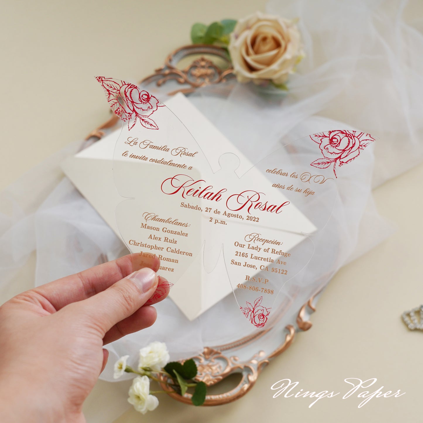 1mm/0.04" Red Butterfly Clear Acrylic Quinceanera Invitation Cards with Envelopes