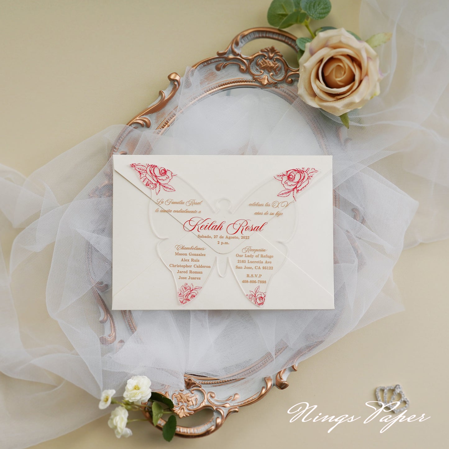 1mm/0.04" Red Butterfly Clear Acrylic Quinceanera Invitation Cards with Envelopes