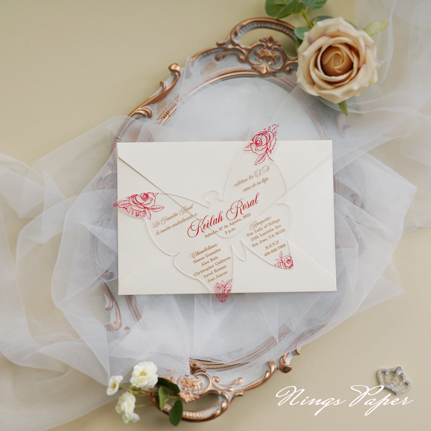 1mm/0.04" Red Butterfly Clear Acrylic Quinceanera Invitation Cards with Envelopes