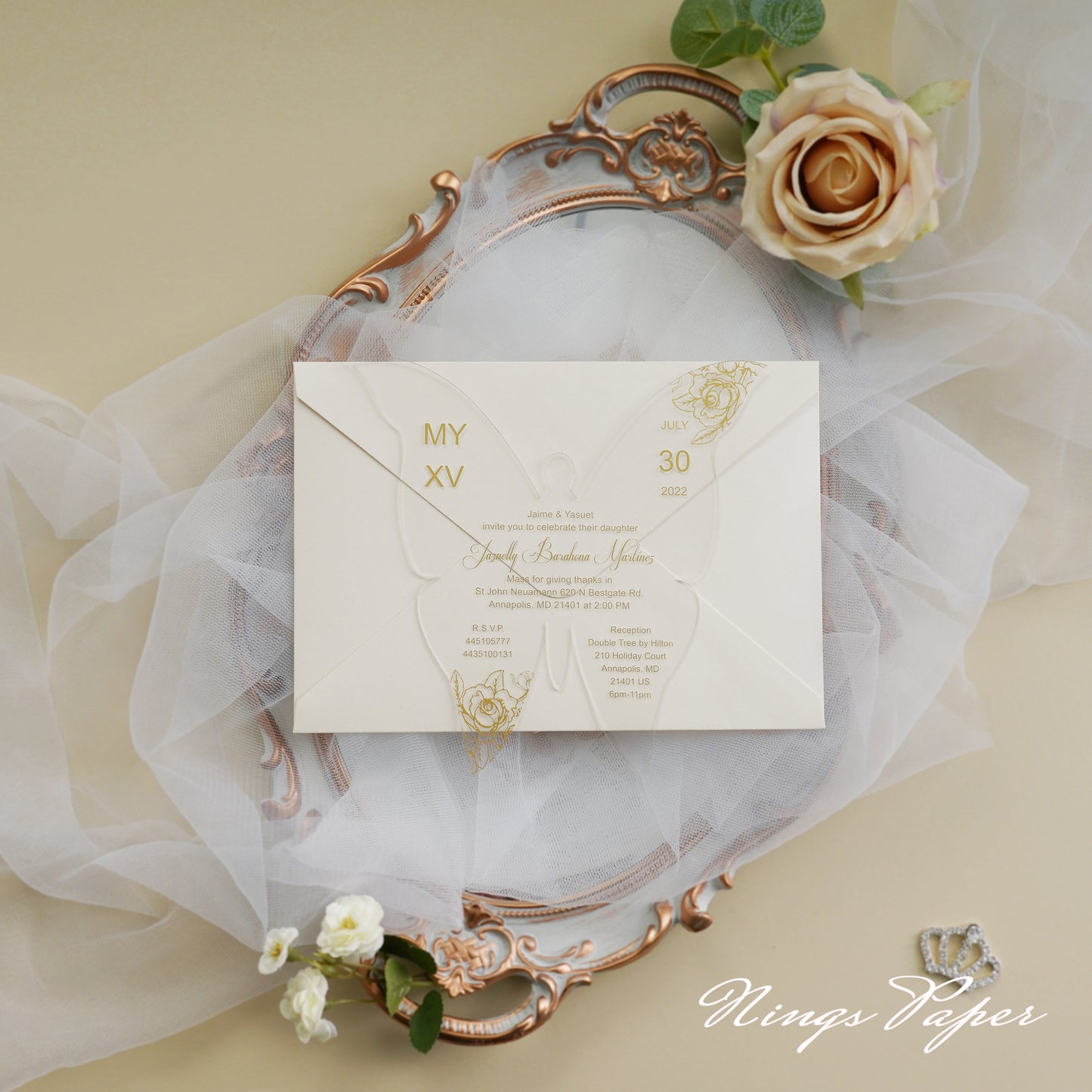 1mm/0.04" Gold Butterfly Clear Acrylic Quinceanera Invitation Card with Envelope